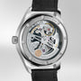 Close-up of the IWC Schaffhausen Portugieser Automatic 40’s transparent case back, highlighting its intricate mechanical movement and black leather strap.