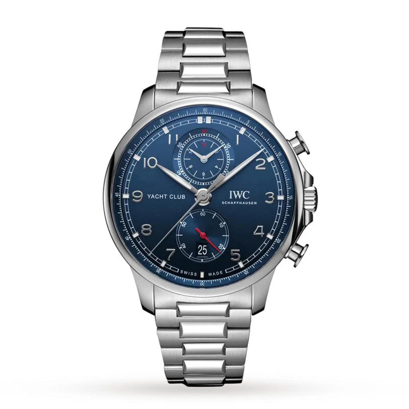 The IWC Schaffhausen Portugieser Yacht Club Chronograph is a stainless steel wristwatch with a blue dial, silver hour markers, two subdials, calibre 89361, date at 6 o’clock, and a metal link bracelet inspired by nautical sports watches.