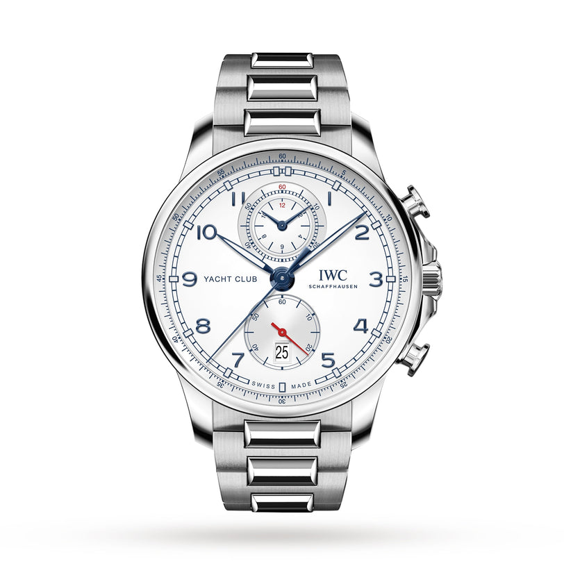 The IWC Schaffhausen Portugieser Yacht Club Chronograph features a stainless steel case, white dial, blue hands, numeric hour markers, date at 6 o’clock, and a metal link bracelet—ideal for lovers of nautical sports watches.