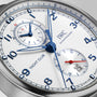 Close-up of an IWC Schaffhausen Portugieser Yacht Club Chronograph watch, featuring blue hands, blue numerals, subdials, and a date window showing 25—a refined nautical sports timepiece.