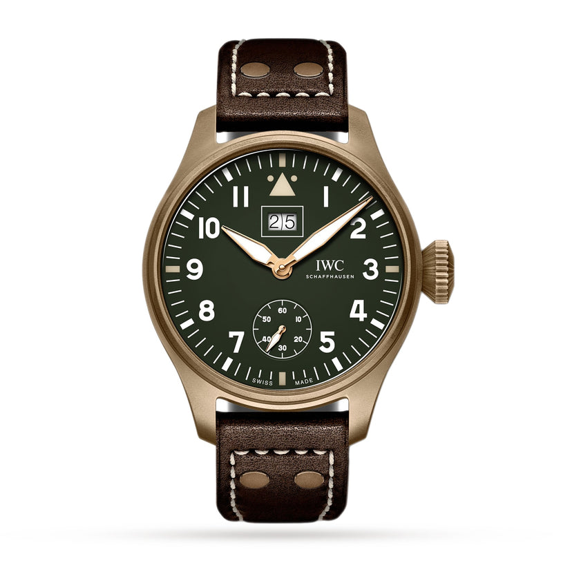 The IWC Schaffhausen Big Pilots Watch Big Date Spitfire Edition Mission Accomplished features a bronze case, green dial, large date at 12 o’clock, subdial at 6 o’clock, and a brown leather strap with white stitching.