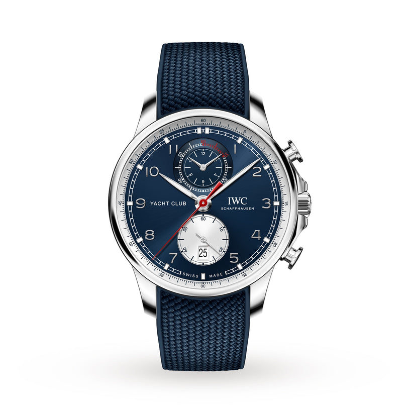 The IWC Schaffhausen Portugieser Yacht Club Chronograph Edition Orlebar Brown features a blue dial, red second hand, subdials, date at 6 o’clock, textured blue strap, and a water-resistant automatic movement for precise timekeeping.