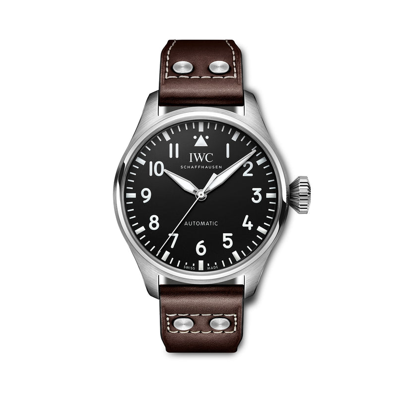 The IWC Schaffhausen Big Pilots Watch 43 features a stainless steel case, black dial with white numerals, brown leather strap with metal rivets—an iconic piece in the Pilot’s Watches collection.