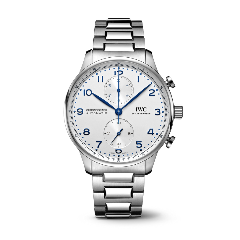 The IWC Schaffhausen Portugieser Chronograph features blue hands, Arabic numerals, and a stainless steel bracelet.