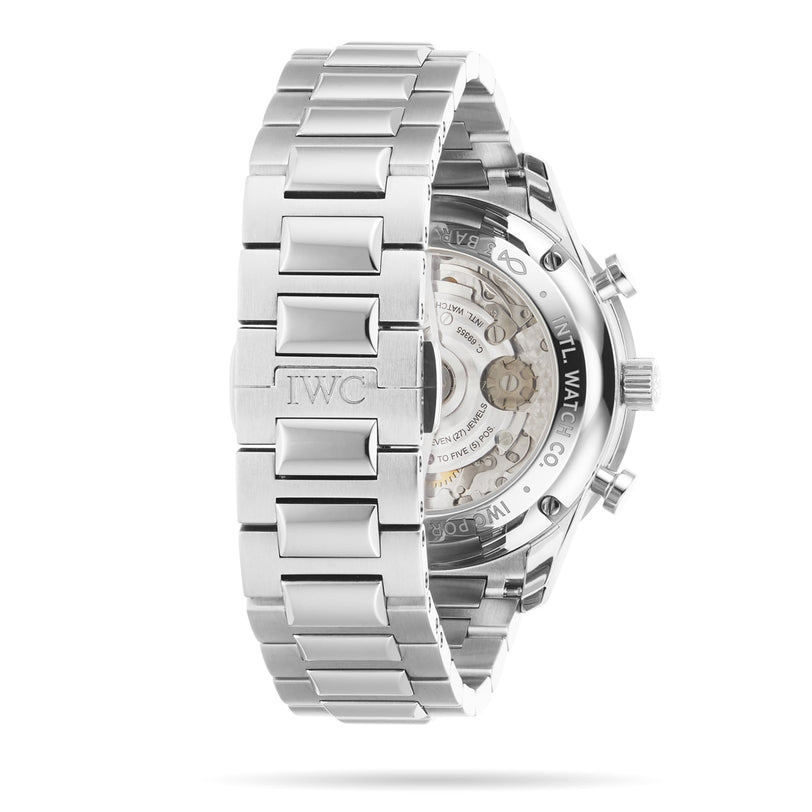 The IWC Schaffhausen Portugieser Chronograph features a stainless steel bracelet with an engraved IWC logo, displaying the back case and its in-house 69355 calibre movement inspired by the iconic design.