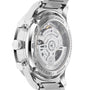 Close-up of the IWC Schaffhausen Portugieser Chronograph’s case back, displaying the 69355 calibre and detailed engravings through a sapphire crystal, paired with a stainless steel bracelet.