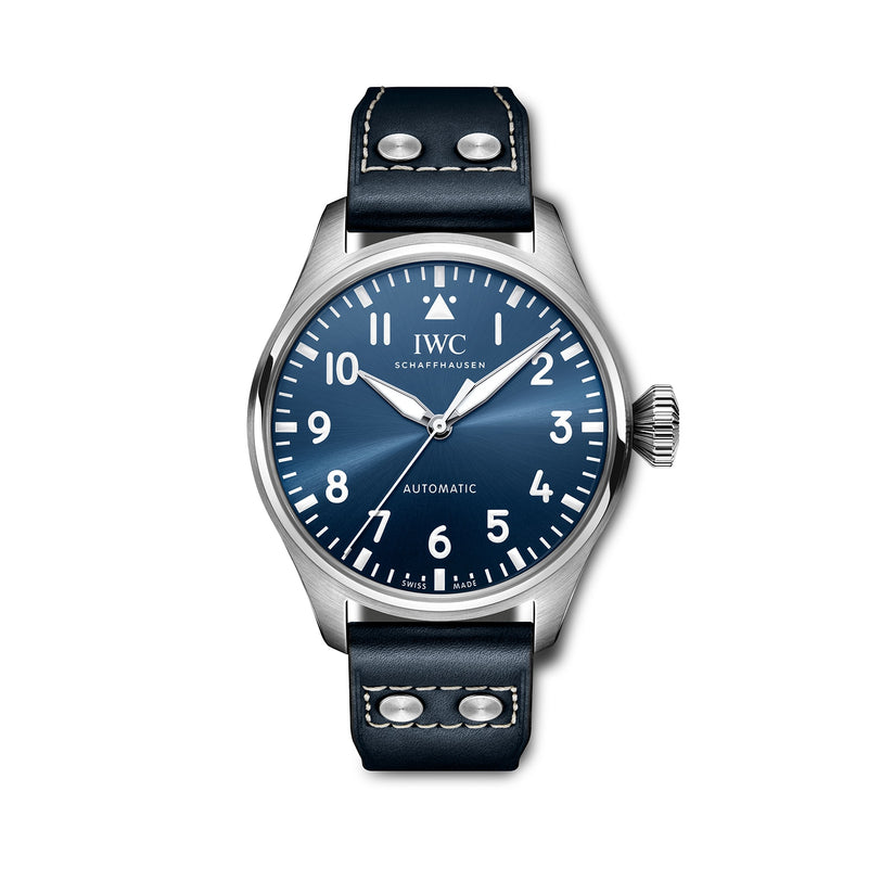 The IWC Schaffhausen Big Pilots Watch 43 showcases a bold blue dial, white numerals, and a black leather strap with white stitching, elegantly set against a white background.