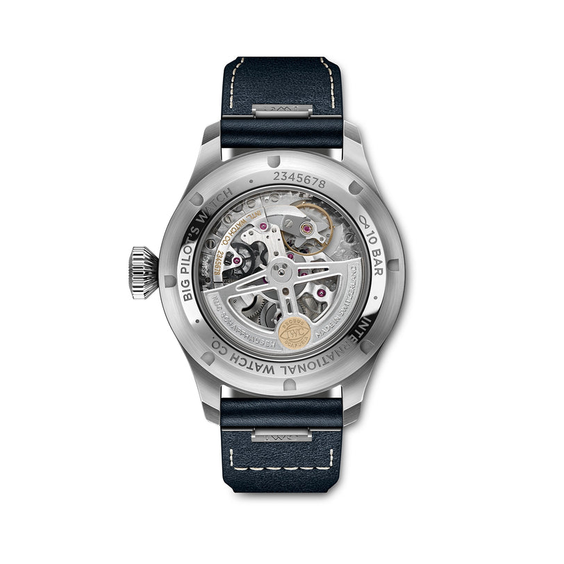 Back view of the IWC Schaffhausen Big Pilots Watch 43, showcasing its visible mechanical movement through a sapphire crystal caseback, paired with a black leather strap and glimpses of its striking blue dial.