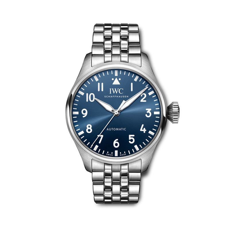 The IWC Schaffhausen Big Pilots Watch 43 features a stainless steel case, blue dial with white Arabic numerals, metal link bracelet, and displays 10:10—an elegant piece from the renowned Pilots Watches collection.