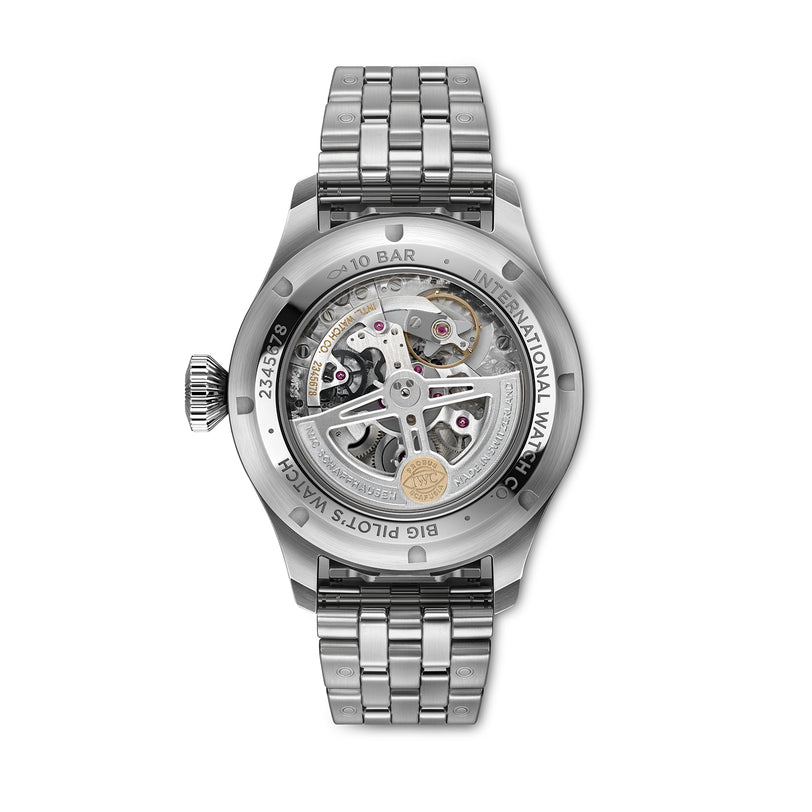 The IWC Schaffhausen Big Pilots Watch 43 showcases a stainless steel case and transparent back, revealing the IWC-manufactured calibre and engraved details—an outstanding addition to any Pilot’s Watch collection.