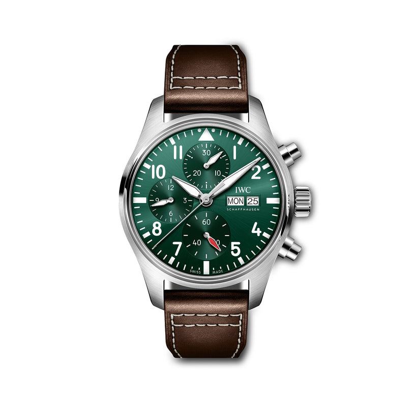 The IWC Schaffhausen Pilots Watch Chronograph 41 features a stainless steel case, green dial with three subdials, day and date windows, brown leather strap, and silver hands—capturing the essence of IWC Pilots Watches.