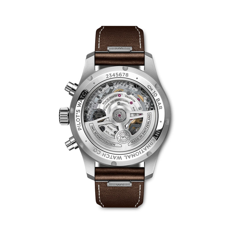 Back view of the IWC Schaffhausen Pilots Watch Chronograph 41 featuring an ergonomic stainless steel case, transparent case back showcasing the mechanical movement, three side buttons, and a brown leather strap.