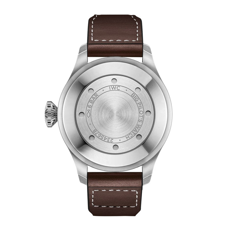 Back view of an IWC Schaffhausen Big Pilots Watch in silver, featuring a brown leather strap and an engraved case back highlighting specifications, brand markings, and its notable 7-day power reserve.