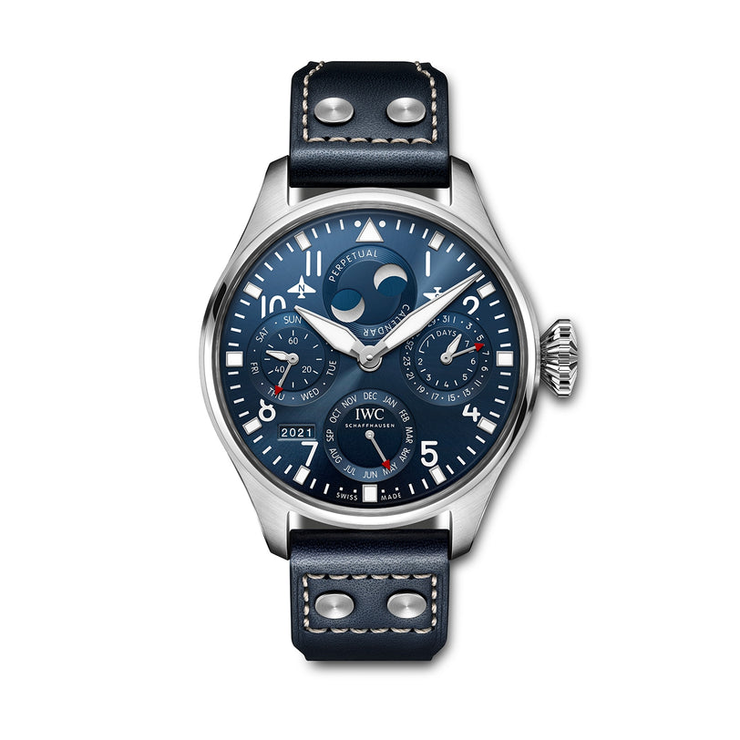 The IWC Schaffhausen Big Pilot’s Watch Perpetual Calendar features a stainless steel case, blue dial with multiple subdials, white hands and indices, IWC 52615 calibre, and a black leather strap with white stitching.