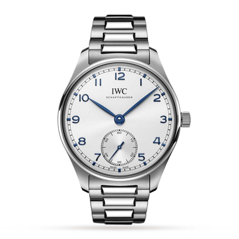 The IWC Schaffhausen Portugieser Automatic 40 is a silver wristwatch with a stainless steel case, metal link bracelet, white dial featuring blue Arabic numerals and hands, plus a small seconds subdial at 6 o’clock for precise timekeeping.