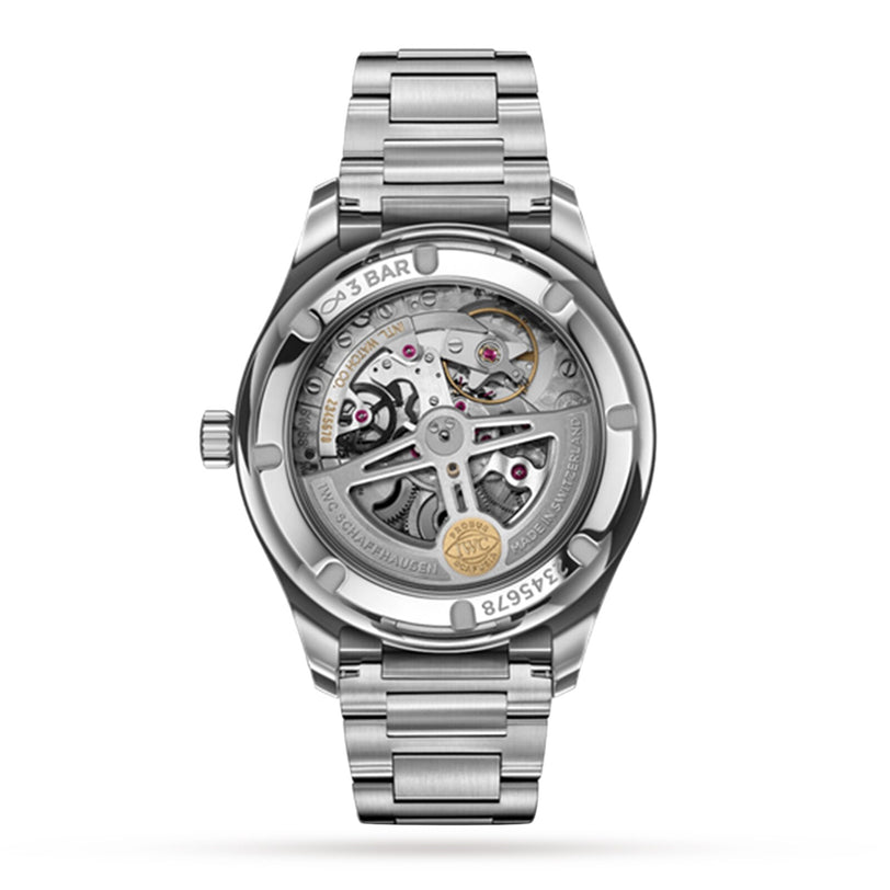 Rear view of the IWC Schaffhausen Portugieser Automatic 40, showcasing its stainless steel case and exposed mechanical movement through a transparent case back for precise timekeeping.
