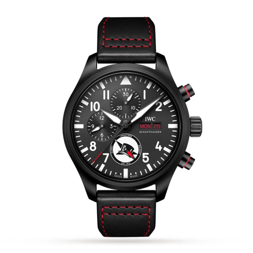 The IWC Schaffhausen Pilots Watch Chronograph Edition Tophatters features a ceramic case, black leather strap with red stitching, detailed dial with subdials, date display, and a small airplane graphic above 6 o’clock.