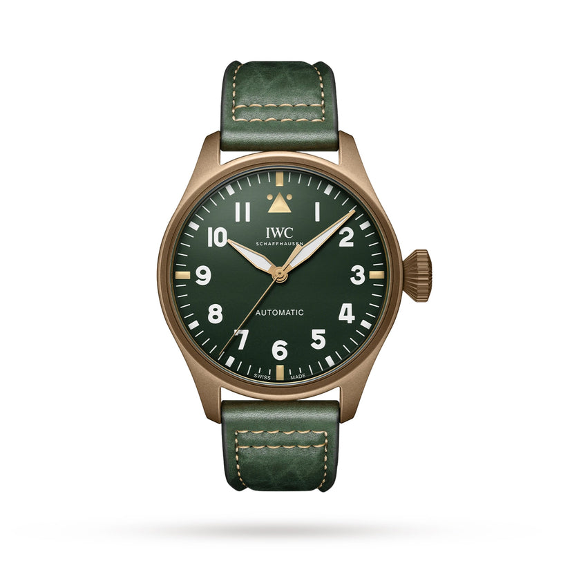 The IWC Schaffhausen Big Pilots Watch 43 Spitfire features a green dial with white numerals, a bronze case, and a green leather strap, shown against a white background.