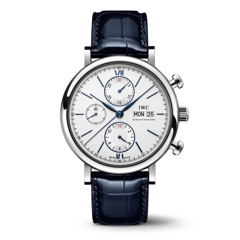 The IWC Schaffhausen Portofino Chronograph features a silver case, white dial with three subdials, chronograph, day and date display, two side buttons, and a blue alligator leather strap.