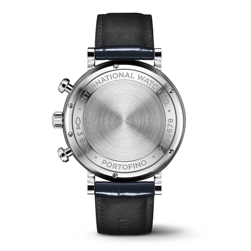 A close-up of the back of the IWC Schaffhausen Portofino Chronograph, showcasing engraved text and a luxurious blue alligator leather strap.