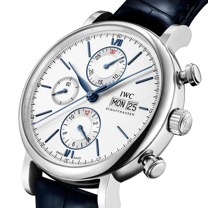 A close-up of the IWC Schaffhausen Portofino Chronograph highlights a stainless steel case, white dial with blue hands, date, day, chronograph features, and a black leather strap.