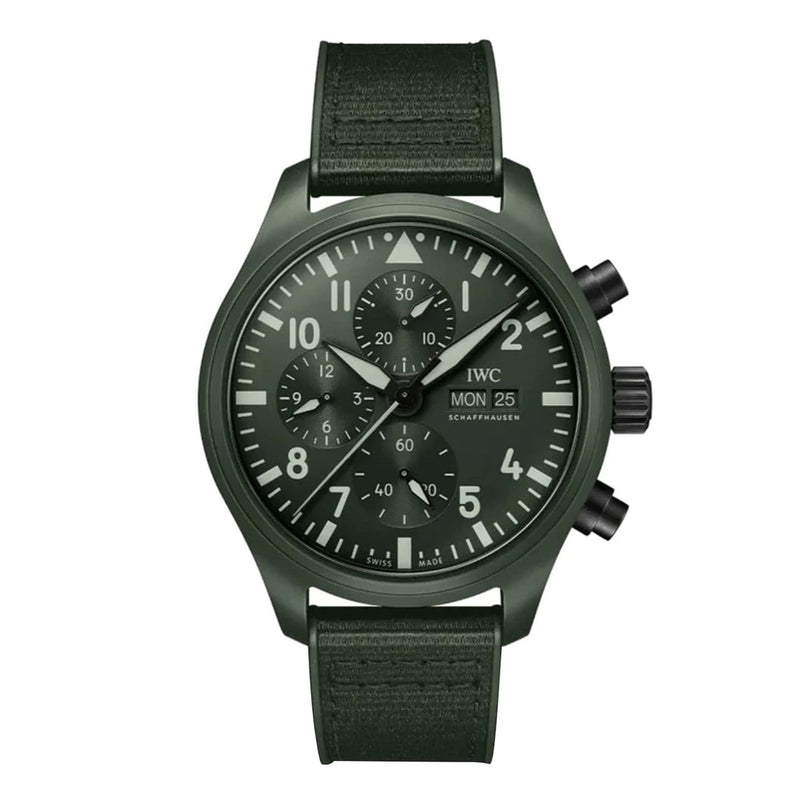 IWC Schaffhausen Pilot’s Watch Chronograph TOP GUN Edition “Woodland” with three subdials, day/date display, and a textured green strap.
