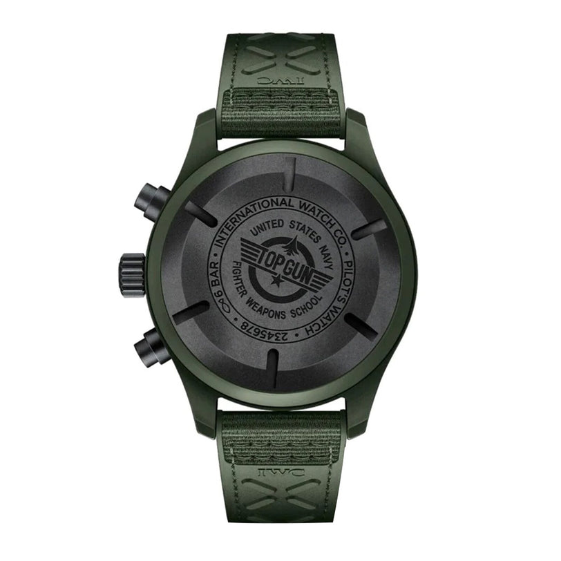 The IWC Schaffhausen Pilot’s Watch Chronograph TOP GUN Edition “Woodland” features a green design with the Top Gun logo and text engraved on its black case back.
