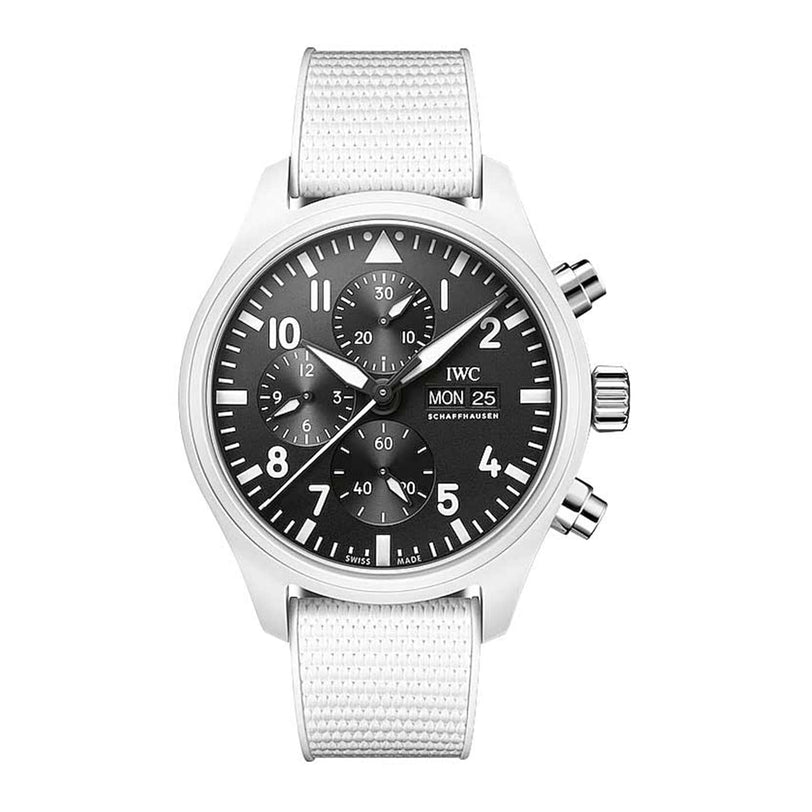 The IWC Schaffhausen Pilot’s Watch Chronograph TOP GUN Edition Lake Tahoe features a black dial with three subdials, white markers, and a textured white strap.