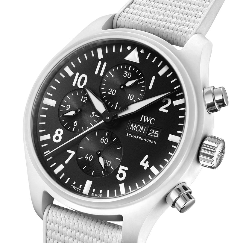 IWC Schaffhausen Pilot’s Watch Chronograph TOP GUN Edition Lake Tahoe with a black dial, white markers, and a light gray textured strap.