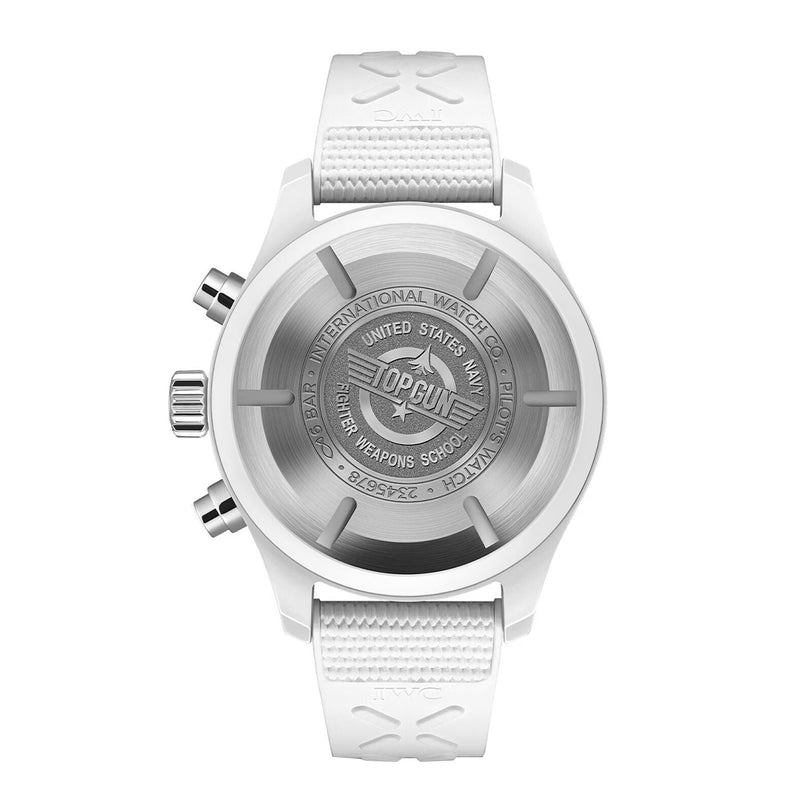 Back view of IWC Schaffhausen Pilot’s Watch Chronograph TOP GUN Edition Lake Tahoe in white, featuring engraved logo and text on the stainless steel case.