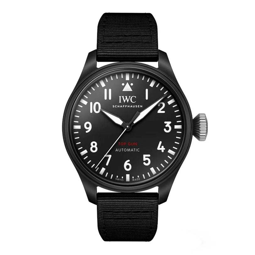 The IWC Schaffhausen Big Pilots Watch 43 Top Gun features a black zirconium oxide ceramic case, black fabric strap, white numerals, and red TOP GUN text on the dial.