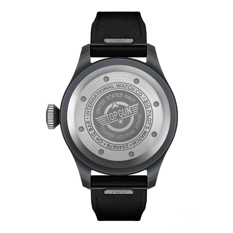 Back view of the IWC Schaffhausen Big Pilots Watch 43 Top Gun featuring an engraved case back with Top Gun and United States Navy Fighter Weapons School branding, a black zirconium oxide ceramic case, and a sleek black strap.