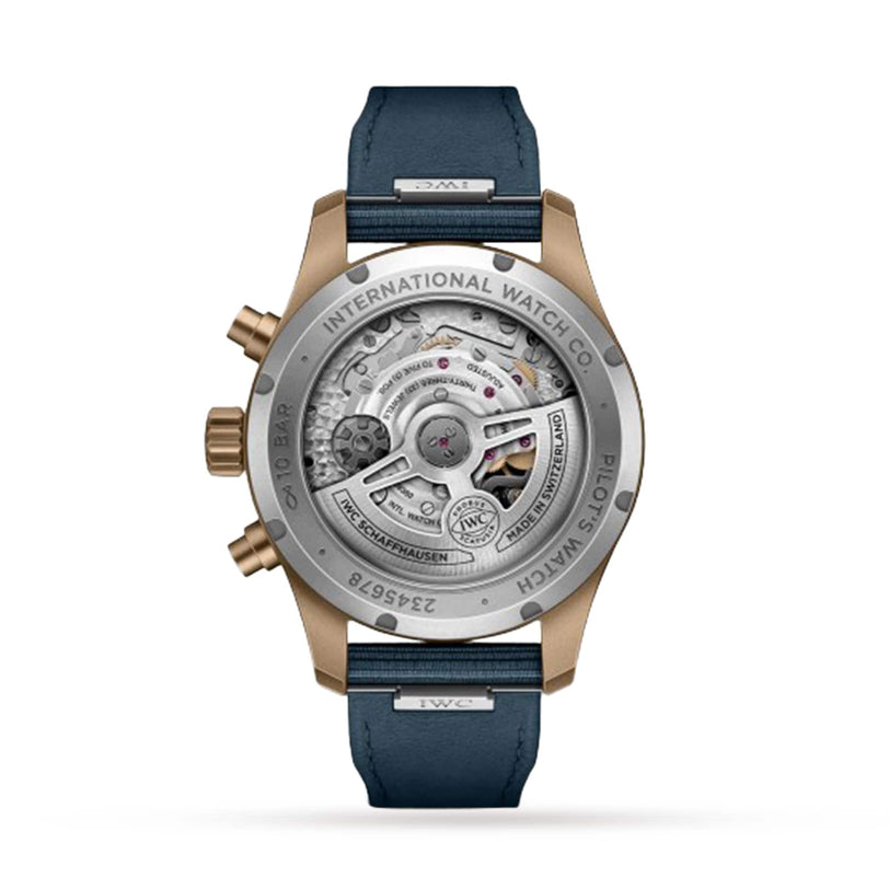Back view of the IWC Schaffhausen Pilots Watch Chronograph 41 shows a visible mechanical movement, bronze case, blue strap, and engraved markings around the caseback.