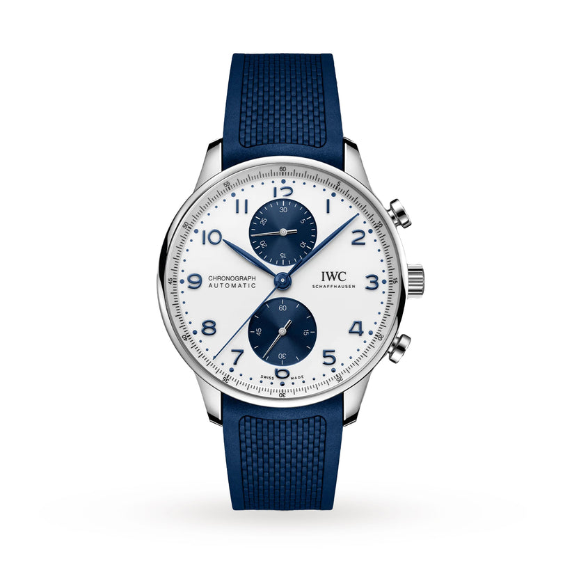 An IWC Schaffhausen Portugieser Chronograph wristwatch with a white dial, blue hour markers, two blue subdials, automatic movement, and a textured blue rubber strap is displayed against a plain white background.