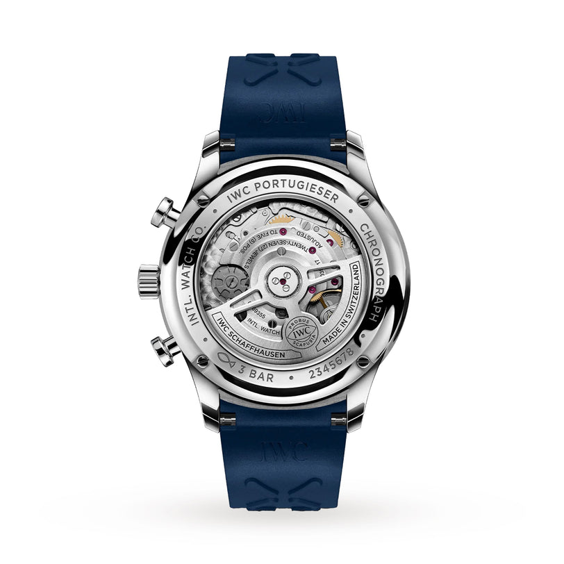 Back view of the IWC Schaffhausen Portugieser Chronograph, featuring a silver case, blue rubber strap, and an exhibition back that reveals the automatic movement and engraved detailing.