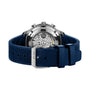 Back view of the IWC Schaffhausen Portugieser Chronograph, featuring a stainless steel case, visible automatic movement, and a textured blue rubber strap with a silver buckle.