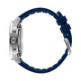 Side view of the IWC Schaffhausen Portugieser Chronograph, featuring a silver case, blue silicone strap, and round crown positioned on the left.