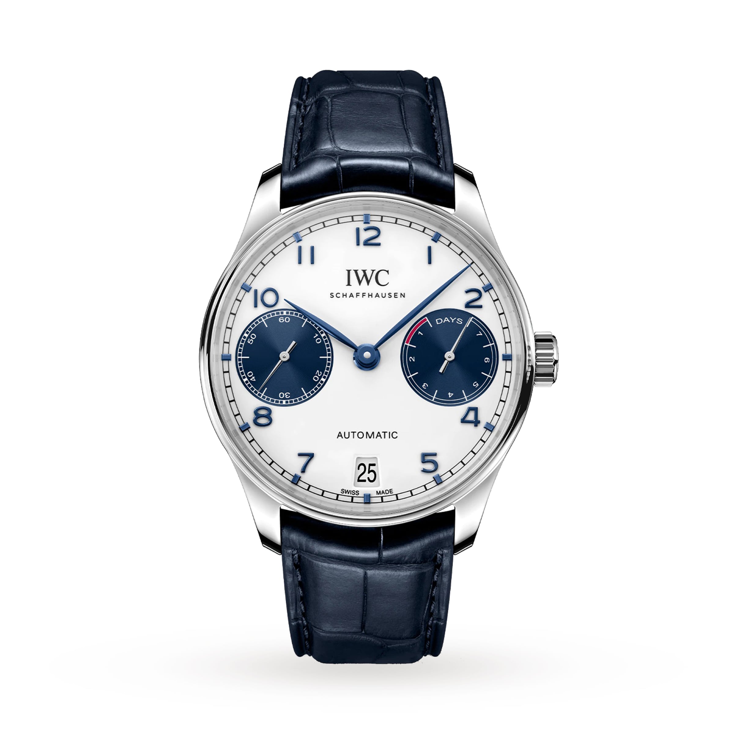 An IWC Schaffhausen Portugieser Automatic watch with a silver case, white dial, blue hour markers, two subdials, date at 6 o’clock, and a black alligator leather strap.
