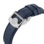 Close-up of a blue alligator leather strap with a stainless steel buckle engraved with the IWC Schaffhausen logo, designed for the Portugieser Automatic.