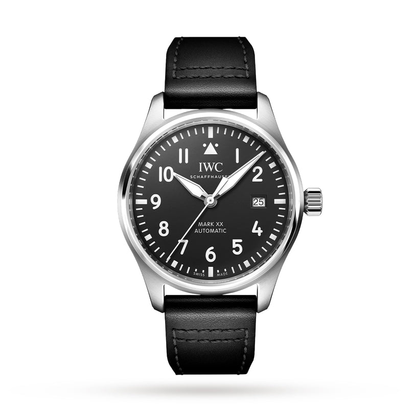 The IWC Schaffhausen Pilots Watch Mark XX features a black round dial with white numerals, automatic movement, date window at 3 o’clock, black leather strap, and stainless steel case, displayed on a plain white background.