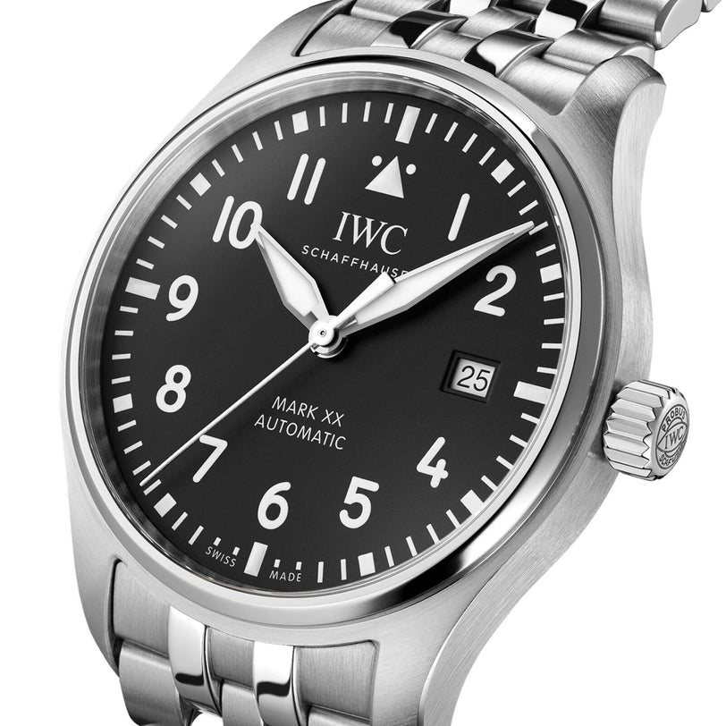 The IWC Schaffhausen Pilots Watch Mark XX is an automatic stainless steel wristwatch with a black dial, white numerals, date display, and a metal link bracelet inspired by classic pilot’s watch design.