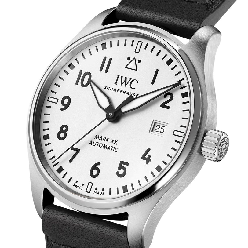 The IWC Schaffhausen Pilot’s Watch Mark XX features a silver case, white dial with black numerals, black leather strap, and displays the date as the 25th.
