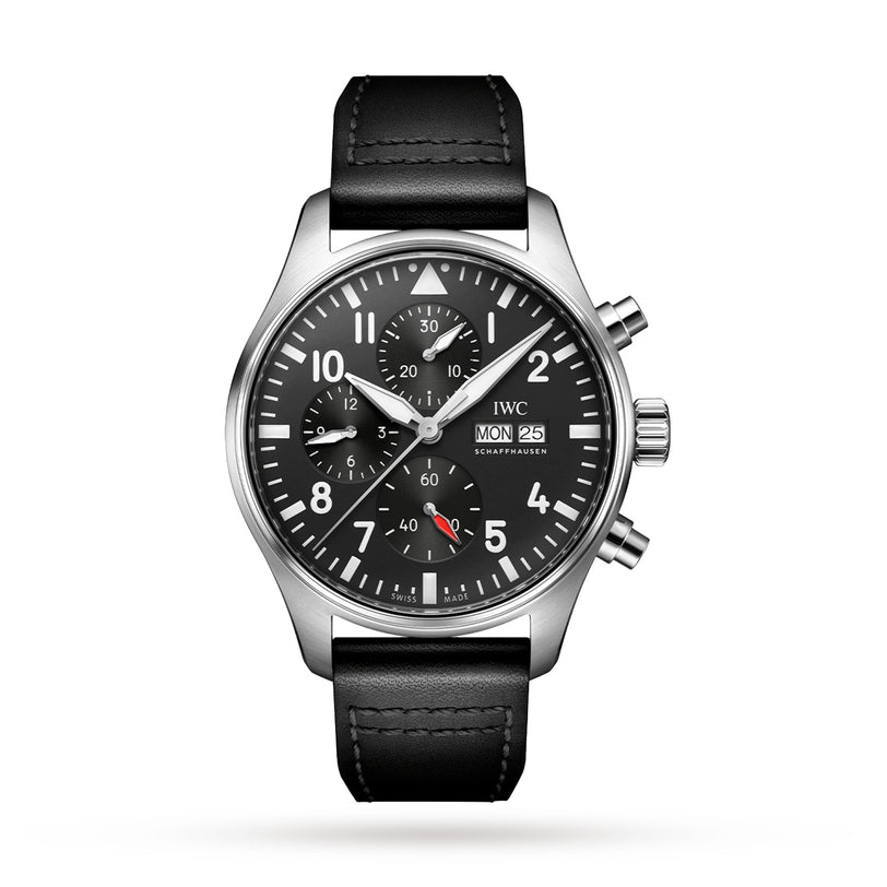 The IWC Schaffhausen Pilots Watch Chronograph features a black leather strap, black dial with three subdials, day and date display, silver case, automatic movement, and three side buttons—ideal for aviation watch enthusiasts.