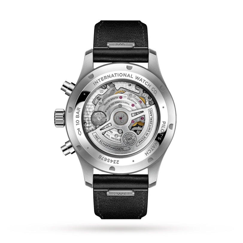 The image shows the back of an IWC Schaffhausen Pilot’s Watch Chronograph with a transparent case that reveals the automatic movement, a black leather strap, and engraved markings around the case.