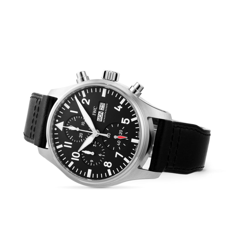 The IWC Schaffhausen Pilots Watch Chronograph features a stainless steel case, black leather strap, black dial with three subdials, automatic movement, day and date display, and silver hour markers.
