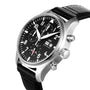 The IWC Schaffhausen Pilots Watch Chronograph features a stainless steel case, automatic movement, black leather strap, black dial with white numerals, three subdials, and a day-date display.