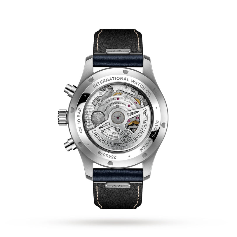 Rear view of the IWC Schaffhausen Pilots Watch Chronograph displaying its mechanical movement through a transparent caseback, paired with a black leather strap with quick release, and detailed engravings on the metal.