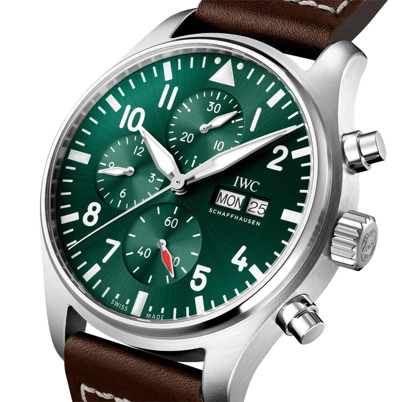 The IWC Schaffhausen Pilots Watch Chronograph features a 43mm stainless steel case, green dial with three subdials, day/date display, and a brown leather strap for timeless aviator appeal.