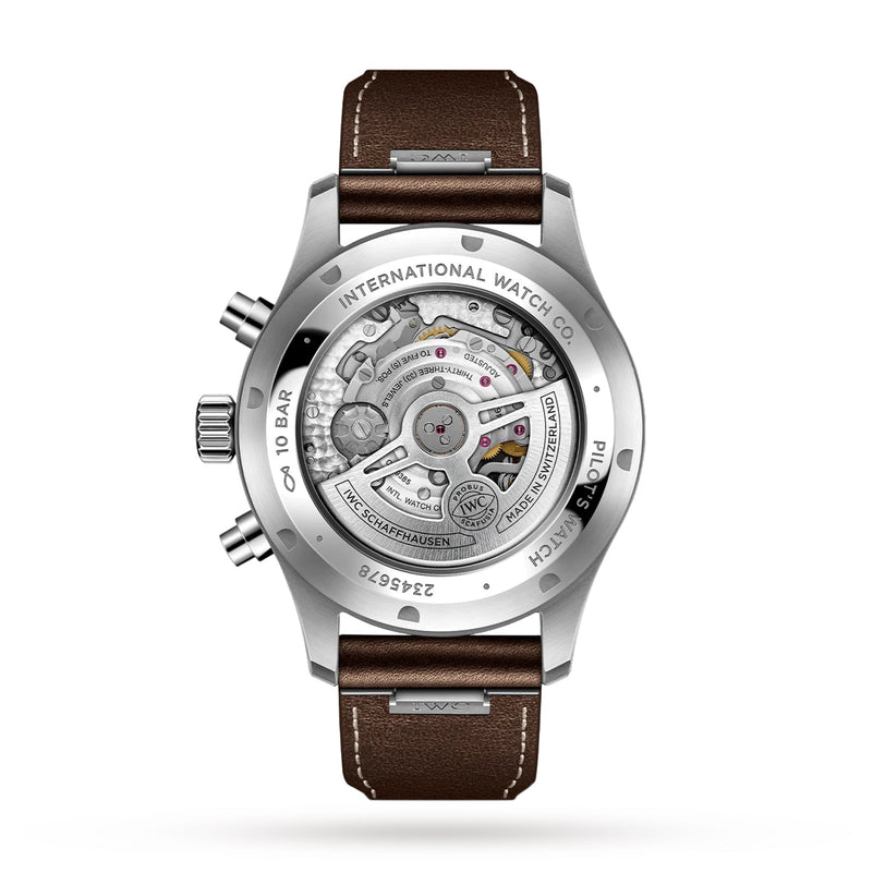 The IWC Schaffhausen Pilots Watch Chronograph features a 43mm stainless steel case, transparent back displaying its mechanical movement, brown leather strap, and classic silver casing—a signature of IWC pilot watches.