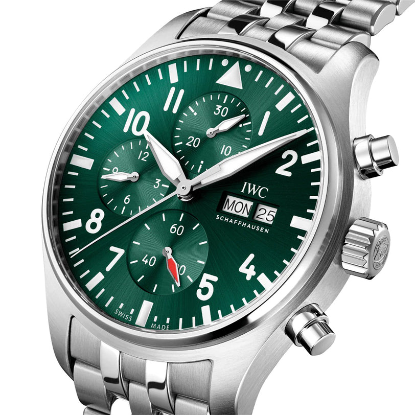 The IWC Schaffhausen Pilots Watch Chronograph features a green dial with chronograph subdials and a stainless steel bracelet.